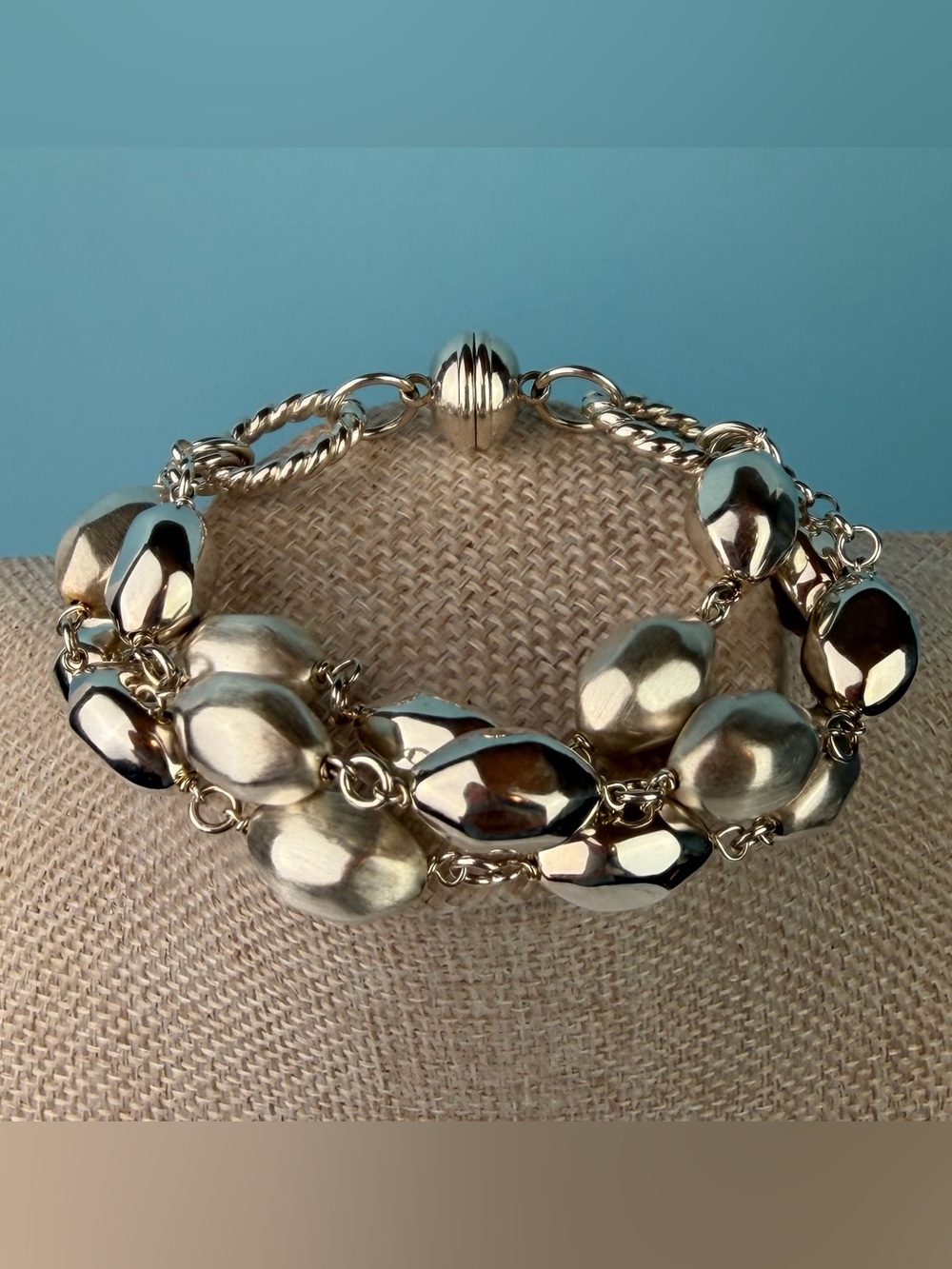 Italian Sterling Silver 925 Multi Strand Nugget Station Bracelet Magnetic Clasp